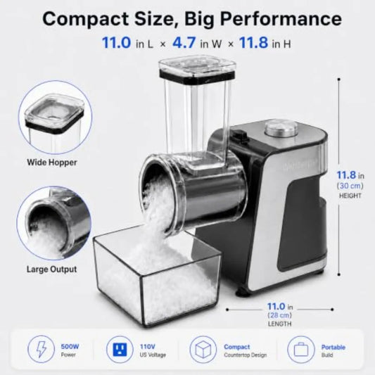 Electric snow cone machine for home, parties and events: stainless steel ice crusher with ice pick and tray, silver finish, pow