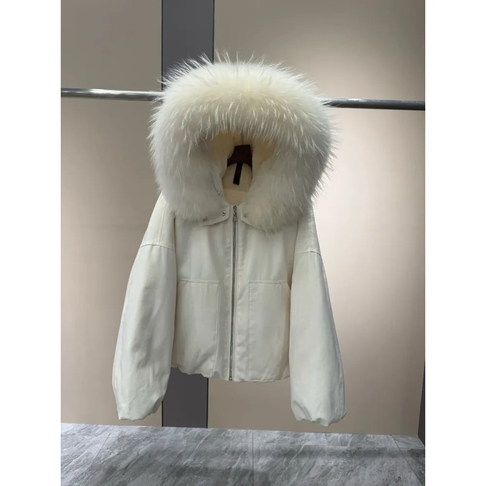 OFTBUY Natural Raccoon Fur Collar Goose Down Jacket Women Cropped Coat Winter Warm Hooded Zipper Windproof Fashion Outerwear