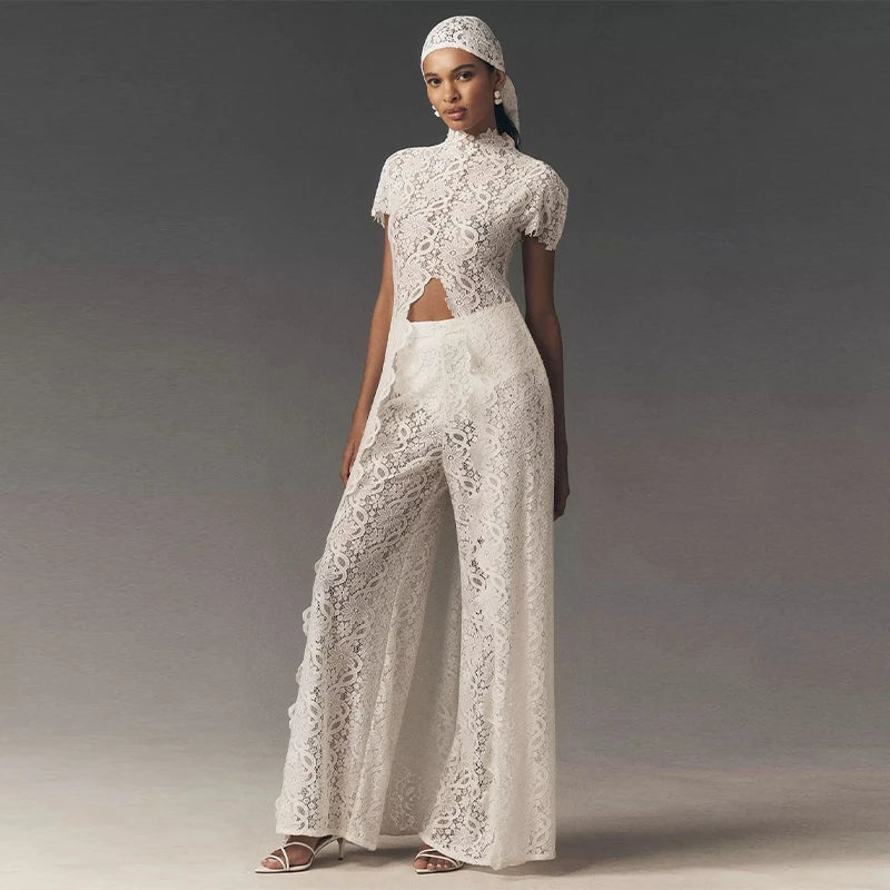 Solid Lace Two Piece Set Round Neck Short Sleeve Cutout Crop Top High Waist Wide Leg Pants 2026 Summer Elegant Party Outfits