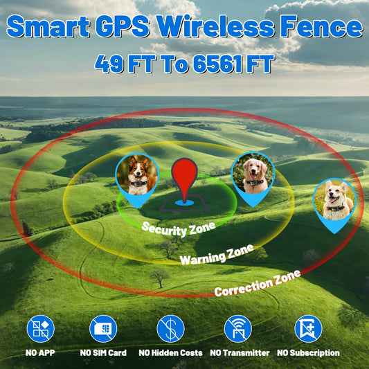 Orcleab Wireless Dog Fence GPS Dog Collar IP67 Waterproof Electric Shock Pet Containment System 3 Training Mode Free-Form Fence