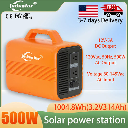Jsdsolar Portable Power Station 1004.8Wh 500W AC Output Solar Generator Built-in 300W MPPT, 120V AC Outlet Emergency Power Supply for Camping Home RV Outage
