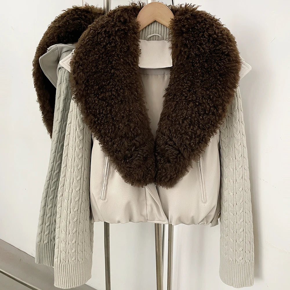OFTBUY Women Winter Real Lamb Wool Fur Collar 90 White Duck Down Jacket Cable Knit Sleeve Zipper Drawstring Cropped Coat