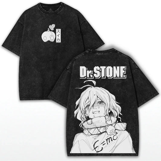 Suika Dr.STONE Anime Asagiri Gen Washed T-shirt Oversized Tee Shirt Summer Short Sleeve Cotton Tops Men Women Clothing