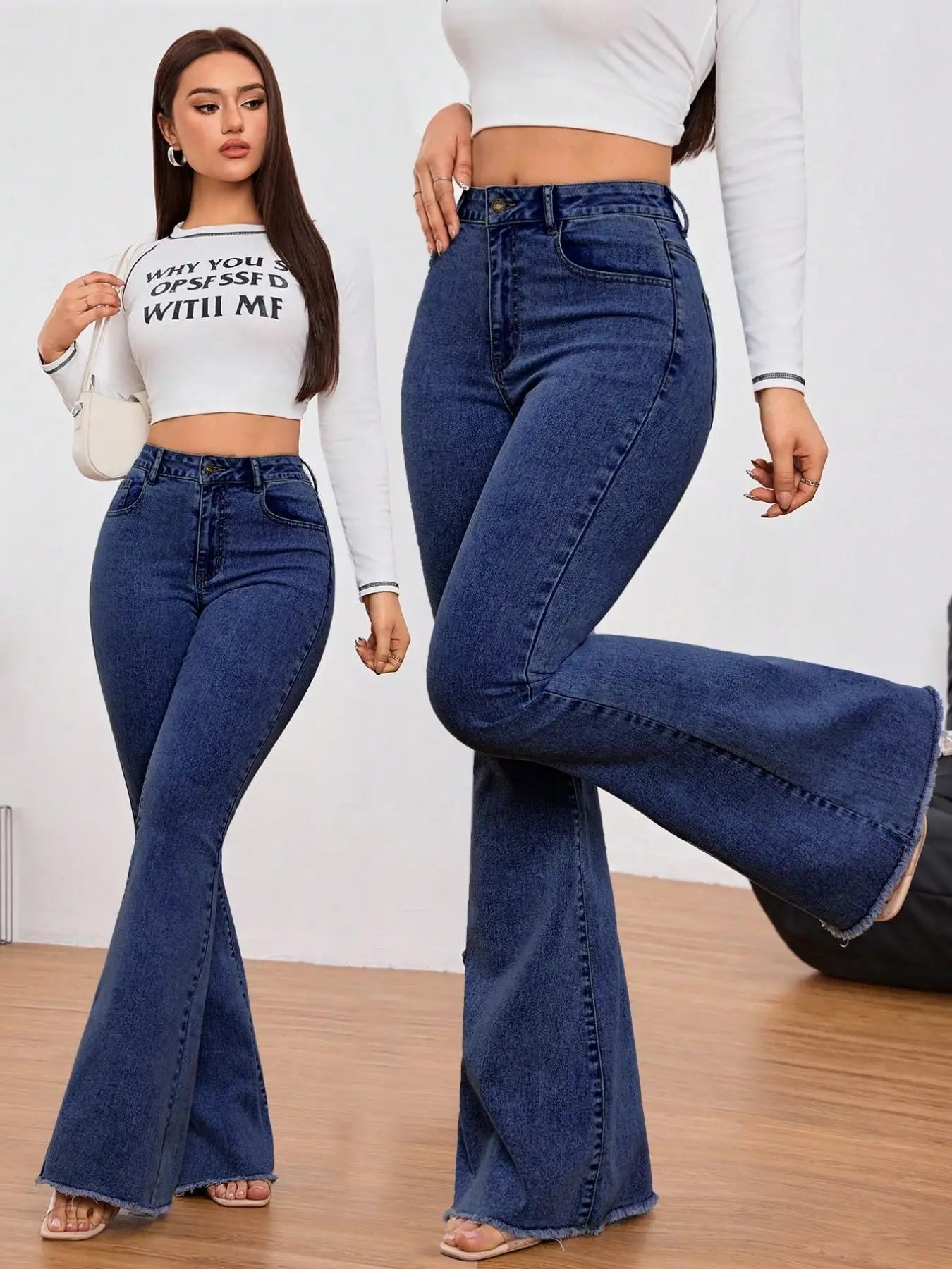 Tall Women's Micro Flare Frayed Edge Jeans, Fashionable Simple Style, Casual Loose-Fitting Solid Pattern, All Seasons Wear