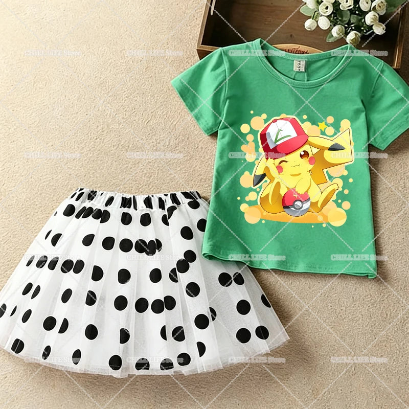 Kawaii Pikachu Eevee T-Shirt Skirt 2pcs Set Pokemon Jigglypuff Toddler Short Sleeve Tee Polka Dot Tutu Skirts Kids Clothes Set