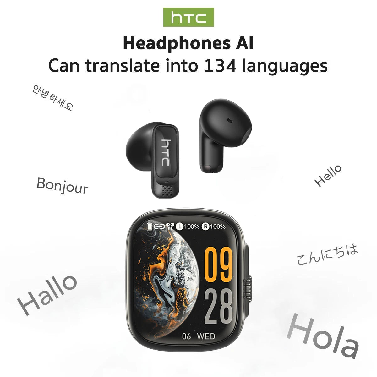 Bluetooth Earphones HTC NE72 AI Translation Auriculares Traductor Deidioma 2026, Sports Comfort Fit Earbuds with Surround Sound