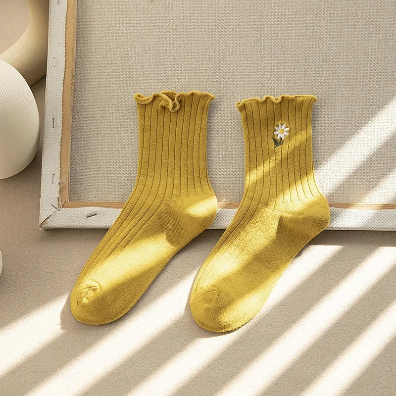 New Women Socks Korean Style Flower Trend Casual Cotton Socks Girls Frilly Ruffle Cute Sweet Breathable Kawaii Crew Socks Girls
