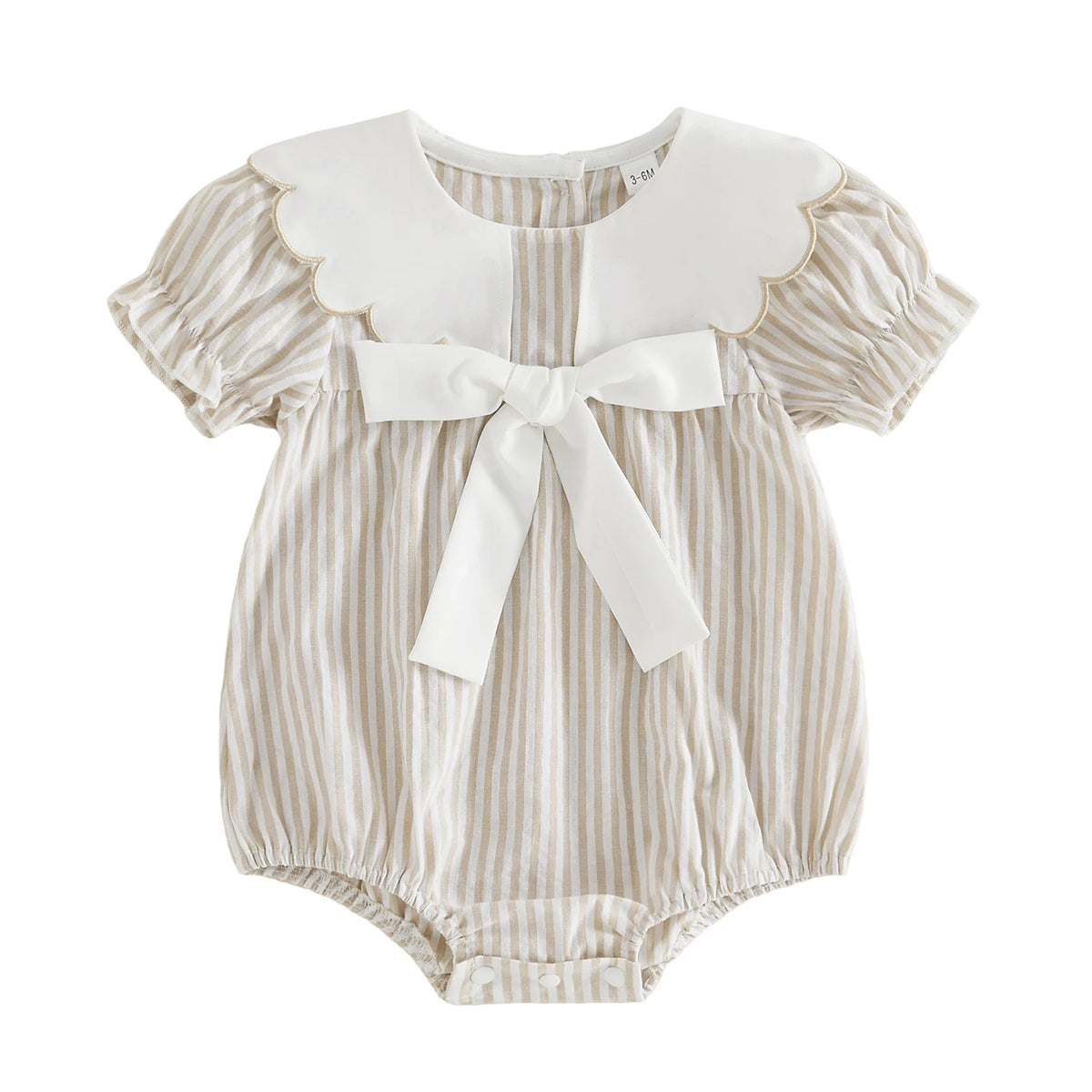 0-18M Newborn Baby Girl Summer Striped Romper Contrast Scalloped Edge Doll Collar Short Sleeve Bodysuit with Front Bow