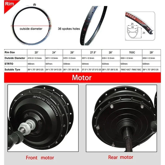 Electric Bike Motor Wheel 36V 250W 350W 500W Brushless Gear Hub Motor Front Rear 20"24"26"27.5"28"29"700C E Bike Motor Wheel