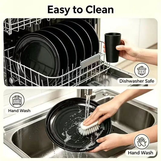 12pc Black Wheat Straw Dinnerware Sets - Dishes, Reusable Plastic Plates, Dishwasher And Microwave Plates And Bowls Sets, Bowls, Drinking Cups, Plastic Dishes For Camping, Party