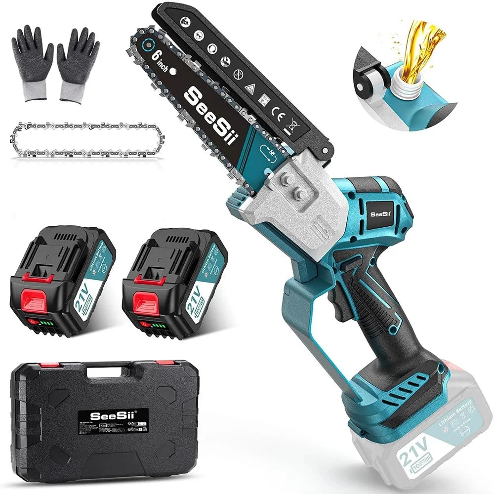 SEESII 6'' Cordless Mini Chainsaw 15.2cm Electric Saw Rechargeable Woodworking Garden Pruning Saw for Makita 18V Battery Pin