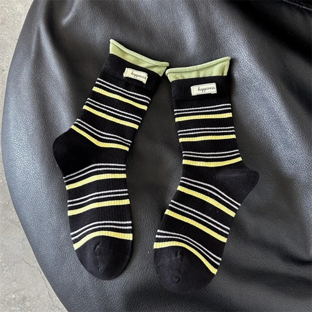 Fake Two-Piece Design Crew Socks Soft Knit Texture Mid-Calf Length Mid-Calf Socks Striped Pattern Striped Socks For Women