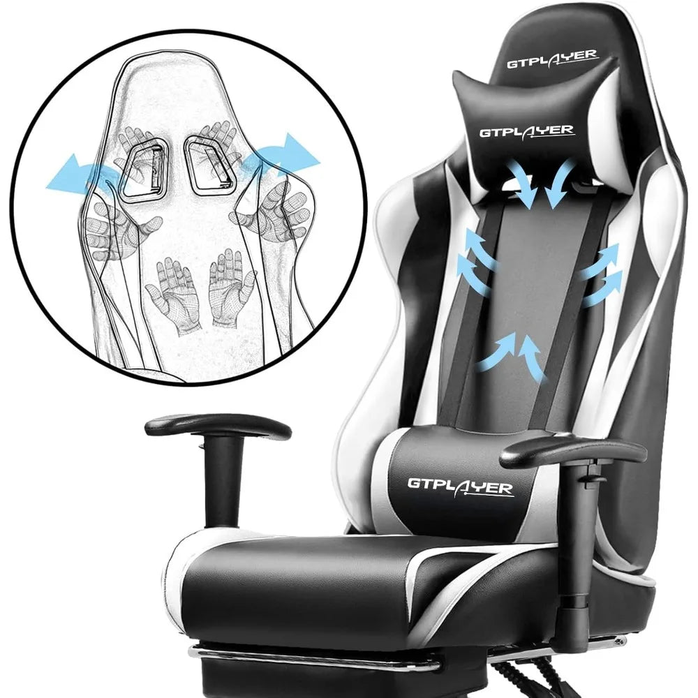 GTPLAYER Gaming Chair with Footrest, Ergonomic Computer Desk Chair, Reclining Swivel with Headrest and Lumbar Support, White