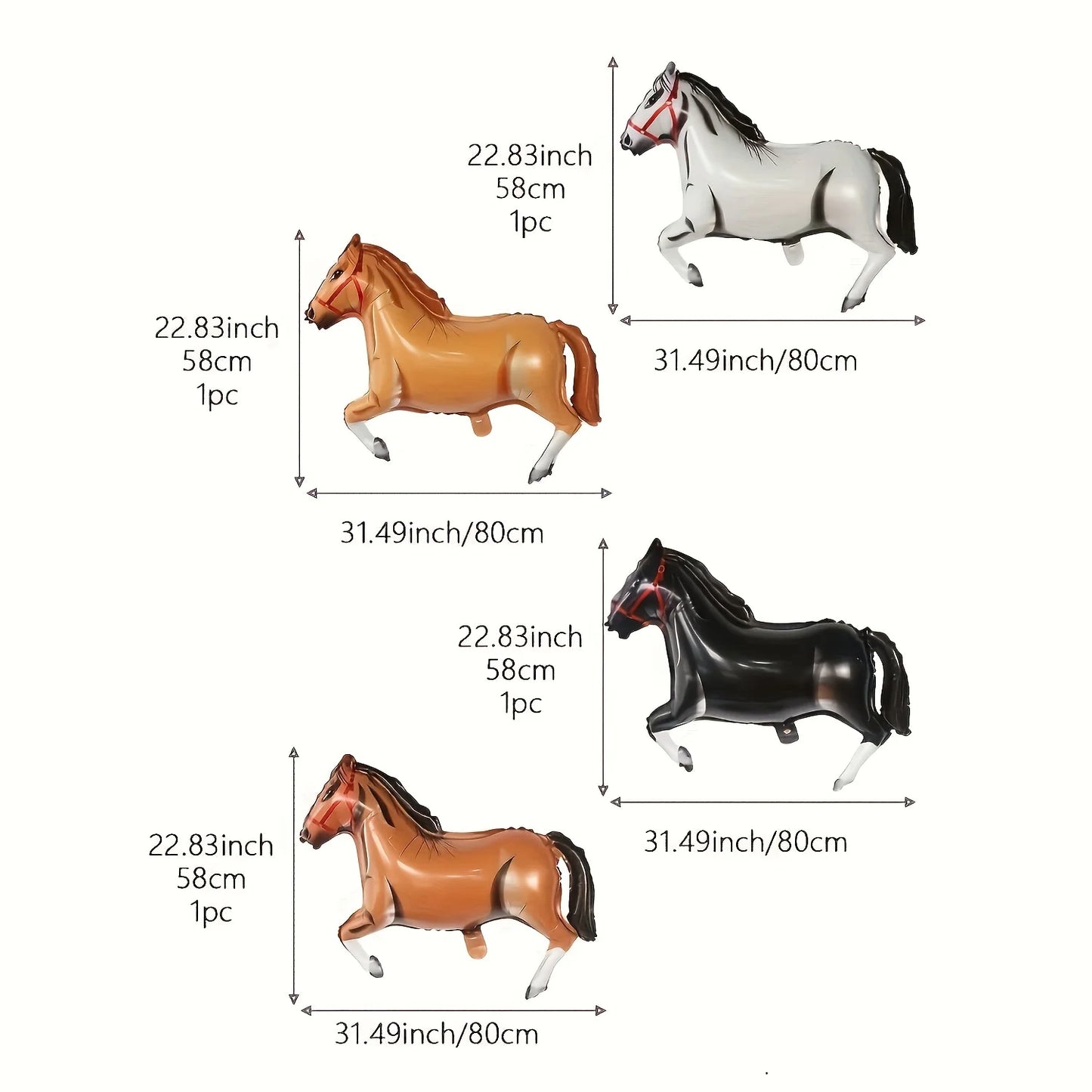 4 Western Cowboy Themed Party Balloons - Self-Sealing Aluminum Foil Horse Decorations, Brown and Black Horses with Gold Accents, Suitable for Birthdays, Father's Day, and Summer Celebrations