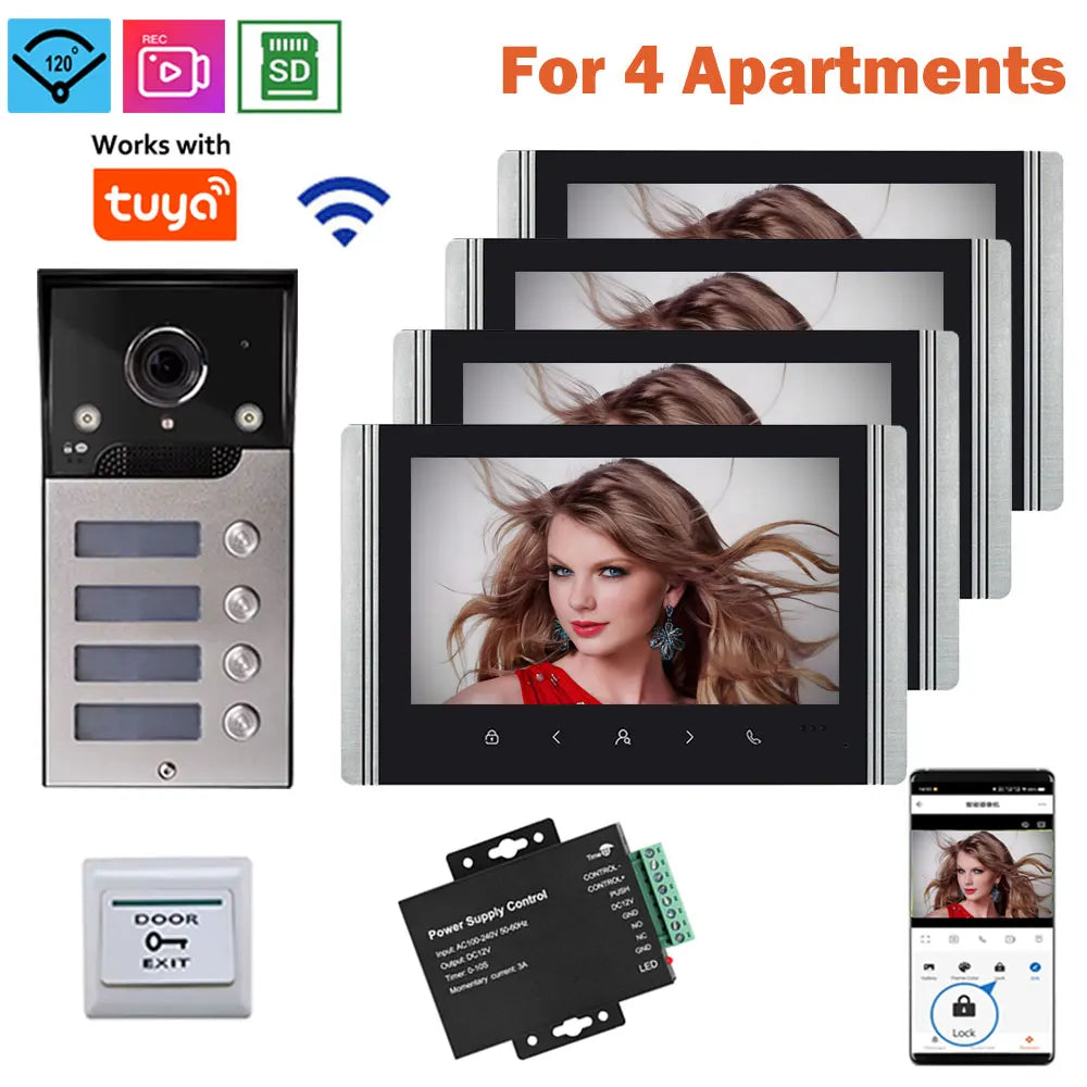 7 Inch LCD Video Doorphone Intercom Wide Angle Waterproof 1080P Camera Doorbell System for 2/3/4 Apartment Family Access Control