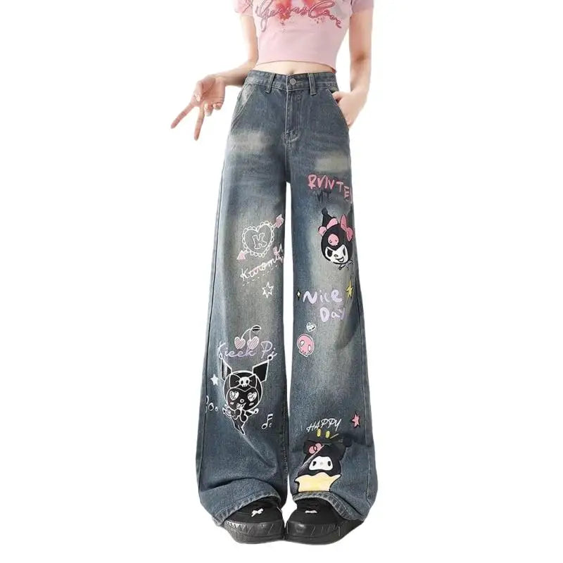 Hello Kitty Cartoon Jeans Kuromi Long Pants Anime Autumn Loose Waisted Trousers Cute Printing Retro Thin Wide Leg Pants Girls