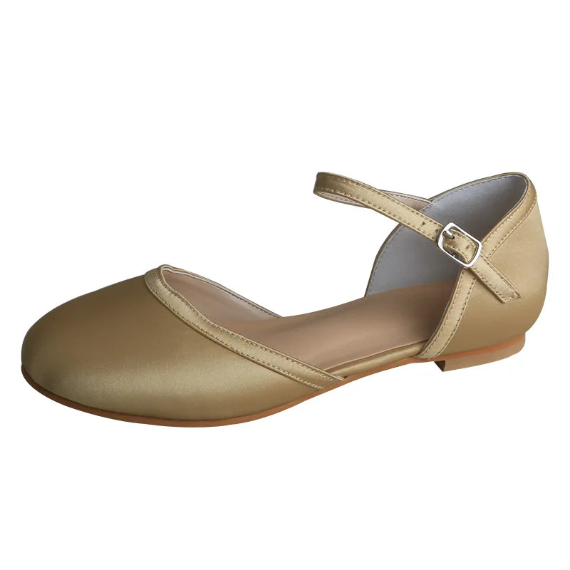Customized Heel Ivory Satin Flat Bridal Wedding Shoes Rubber Sole Closed Toe Dance Shoes Flat with Ankle Strap