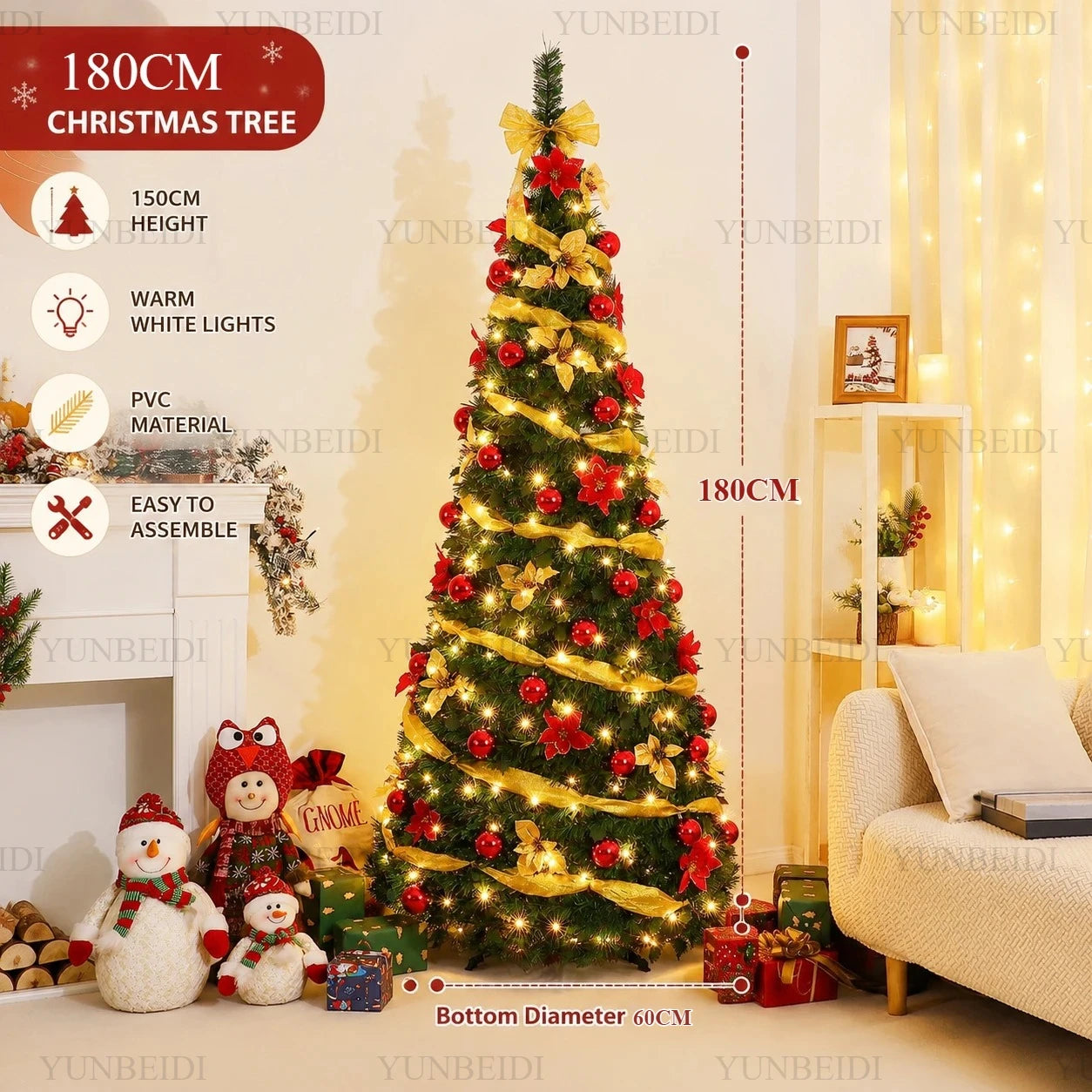 Folding Christmas Tree with LED Lights and Christmas Flowers Telescopic Artificial Christmas Tree 150CM/180CM Home Decoration