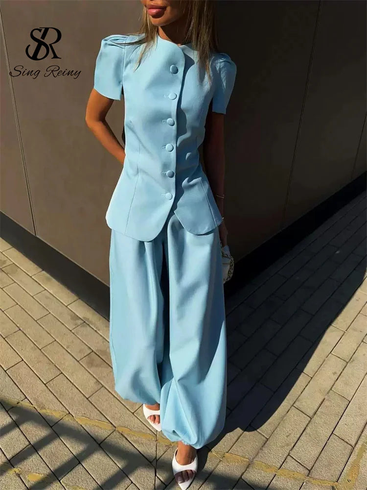 SINGREINY Women Pant Set Two Piece Sets Round Neck Short Sleeve Coats Tops+Wide Leg Long Pants Y2k Streetwear Elegant 2026 Suits