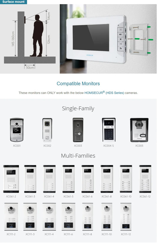 HOMSECUR XM703-W 7" TFT LCD Color Indoor Monitor V70E-W for XSL Video Door Phone Intercom Home Security Villa Doorbell