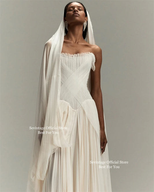 Sevintage Ivory Elegant Chiffon Wedding Dresses Sleeveless Pleated A-Line Bridal Dresses Floor Length Formal Prom Gowns Customiz