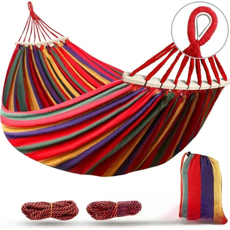 Outdoor Camping Double Canvas Hammock Wooden Curved Stick Anti Tip Swing Hammock Portable Garden Leisure Hammock