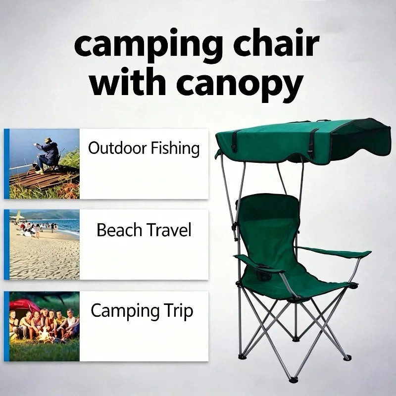 Portable Folding Camping Chair With Adjustable Sun Canopy, Heavy Duty Beach Lawn Chair With Cup Holder Side Pocket, Lightweight Foldable Outdoor Chair For Fishing Picnic Poolside Travel Garden