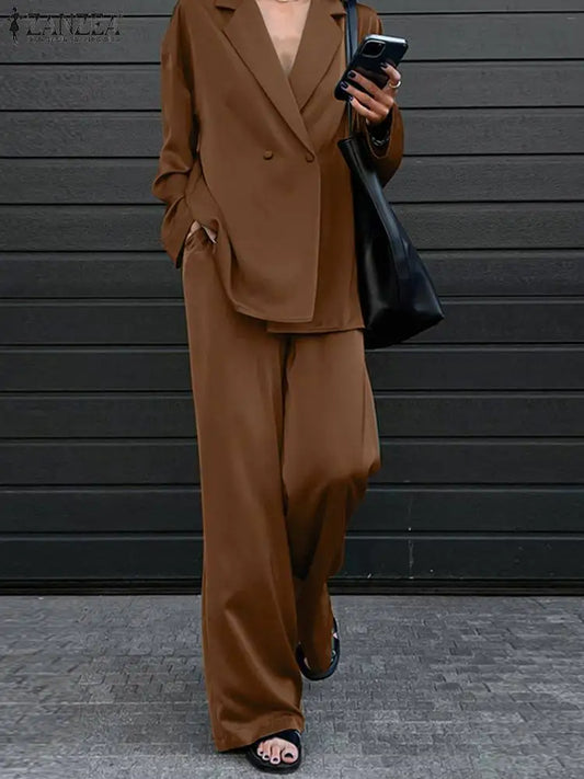 ZANZEA 2024 Fashion Women Loose Pants Sets Long Sleeve Shirts Wide Leg Pants Lady Casual Office Outfits Tracksuit Streetwears