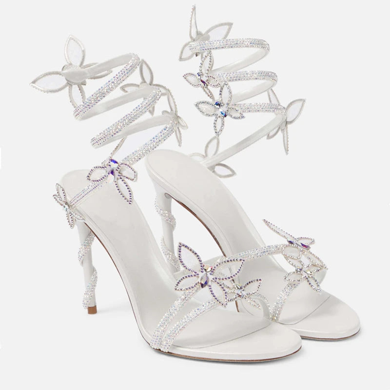 Luxury Crystal Embellished Butterfly Detail Women Sandals Sexy Coiled Strap Thin High heels Gladiator sandals Summer Party Shoes