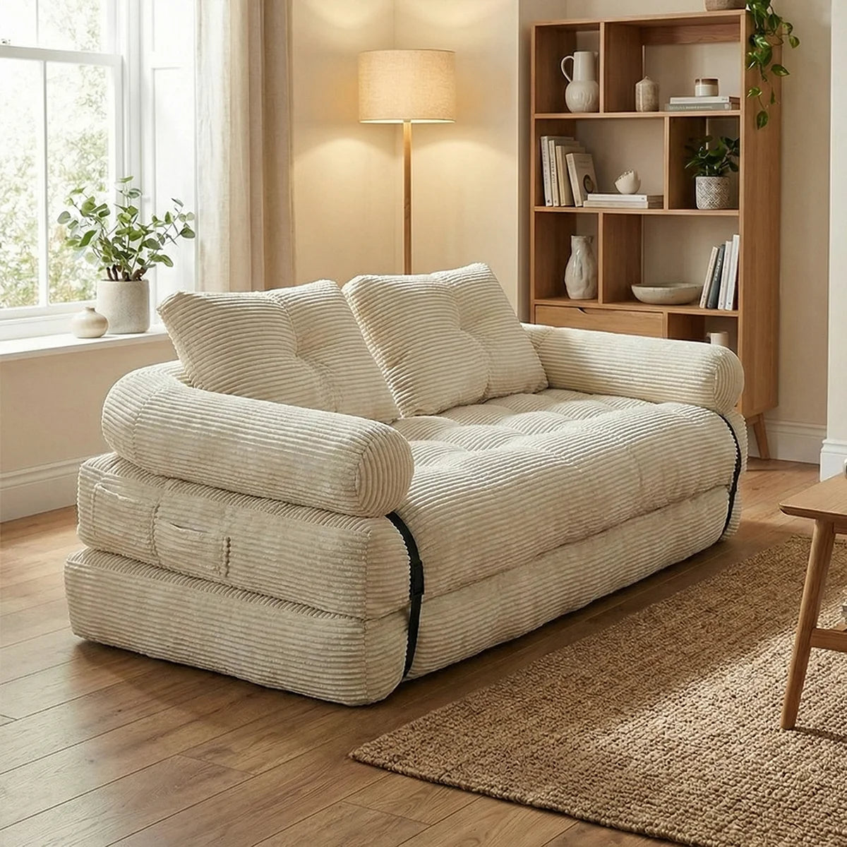 Modern Convertible Sofa Bed, 2-Seater Vacuum Packed Compressed Couch, Soft Memory Foam Floor Sofa for Small Space Living Room