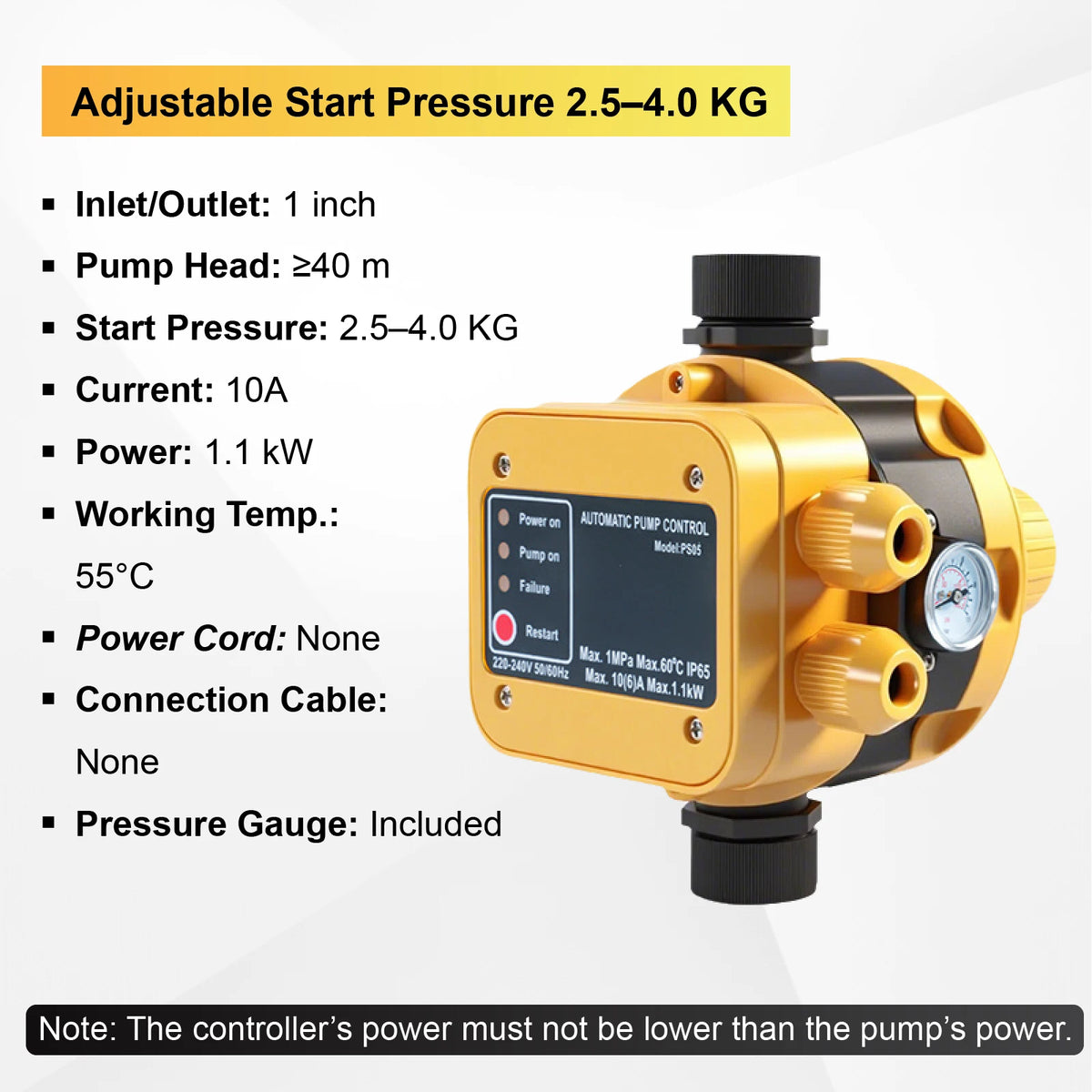 220V Automatic Water Booster Pump Controller Adjustable Pressure Water Pump Pressure Switch Dry Run Protection G1 Inch Thread