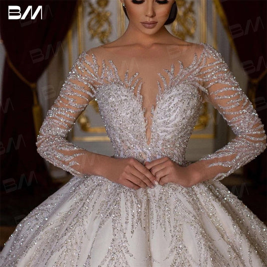 Beaded Sexy Bride Dresses Vestidos De Novia Luxury Hand Beaded Long Sleeve Wedding Dress Ball Gown Long Chapel Train