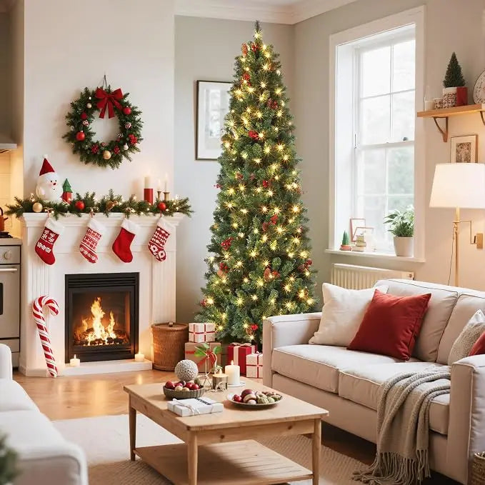 7Ft Artificial Christmas Tree, Pre Decorated Christmas Tree with Pine Cones & Red Berries, Metal Stand for Home, Xmas Trees for Home, Office, Shop Decoration