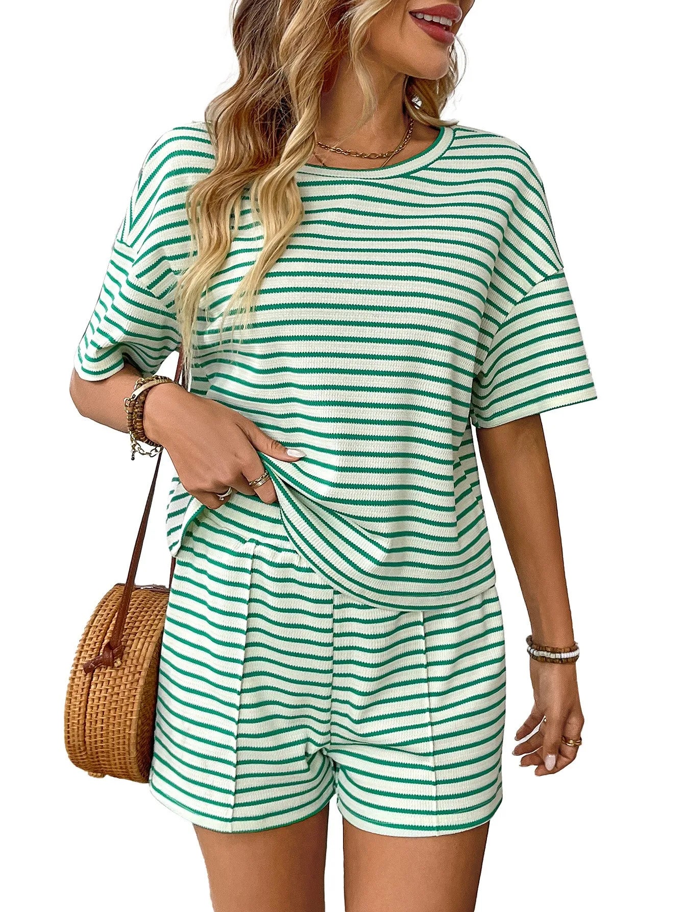Summer Women's Suit Shorts Cotton Crop Top Short Pants High Waist Pleated Front Green White Striped Casual Shorts