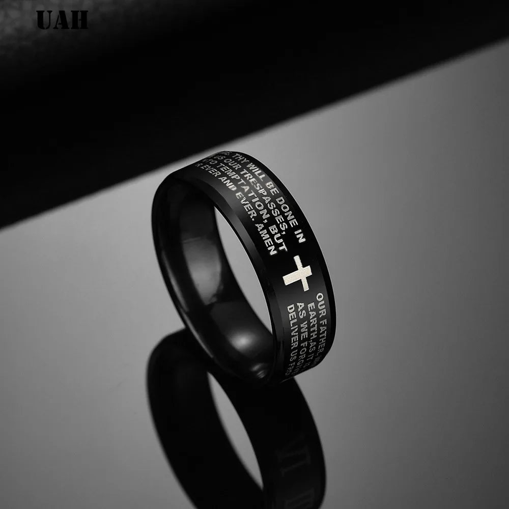 UAH Fashion 316L Stainless Steel rings for men and women Bible Lord's Prayer Cross Rings Punk Fashion Men Gift Jewelry Rings