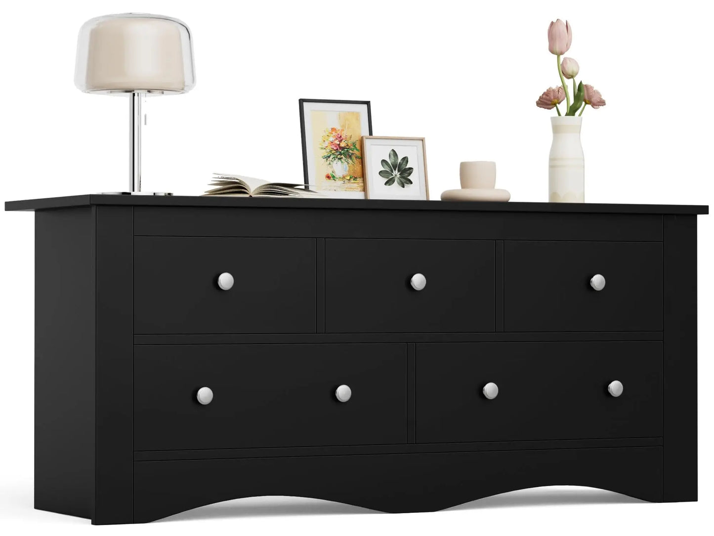 5 Dresser for Bedroom,TV Stand for Living Room, Black| 52" Wood Dresser, Chest of Drawers, for TV up to 65 inch,15.7Dx52Wx23.2H