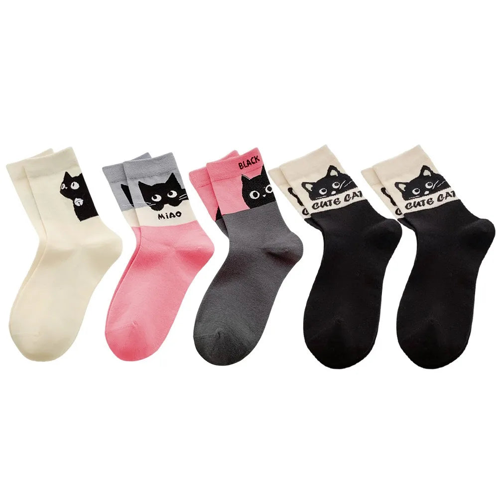 5 Pairs Cartoon Cat Women Cotton Spring Summer Socks Set Autumn Female Lady Girls Middle Tube Cute Student Socks For Women Girl