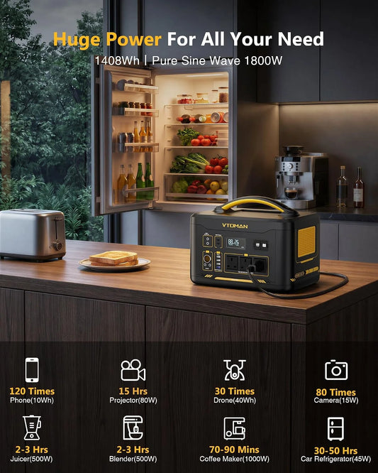 VTOMAN Jump1800 Power Station with Jump Start, 1548Wh LFP Solar Generator Portable Backup Battery, 1800W (Peak 3600W) AC Outlets, 12V DC, PD 100W Type-C for Home RV/Van Travel Camping Road Trip