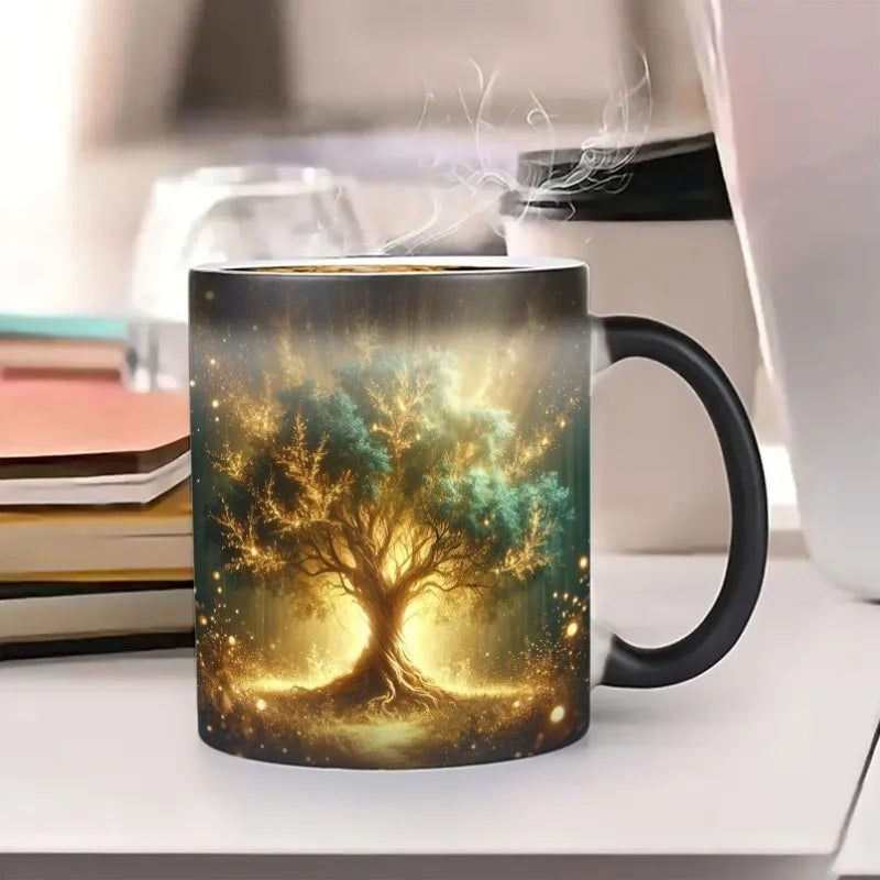 A color-changing magic cup, thermal response ceramic coffee cup, when filled with hot liquid, will appear glowing tree of life