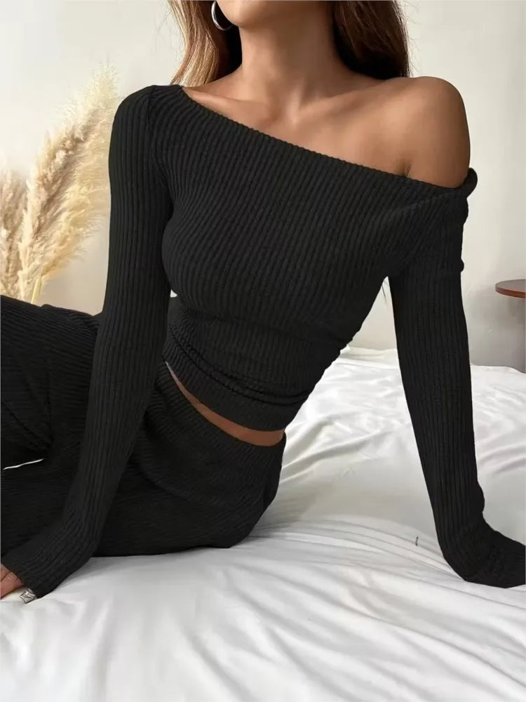 Fashion Knitted One-shoulder T-shirt Long-sleeved Women Trousers 2 Piece Set Autumn Casual Navel-baring Tops Home Wear Set Woman