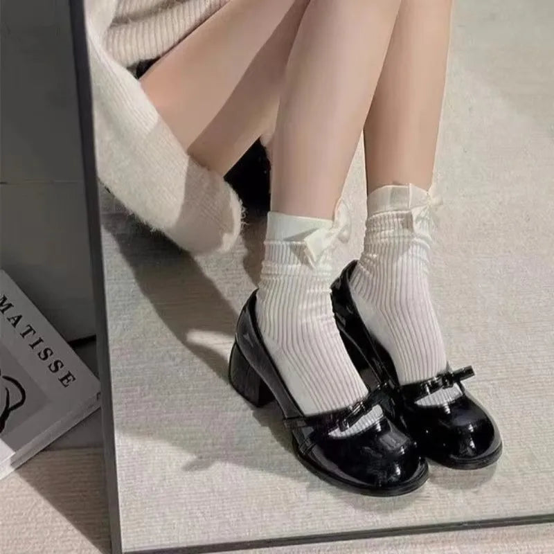 Spring/autumn Mid Heel Mary Janes Square Toe Square Heel 2025 Hot Sale Ladies Shoes New Solid Butterfly-knot Fashion Pumps