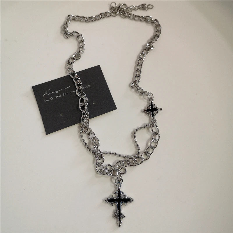 Punk Rock Black Heart Cross Pendant Chain Necklace For Men Women Cool Hip Hop Street Vintage 90s Y2K Grunge Goth Accessories