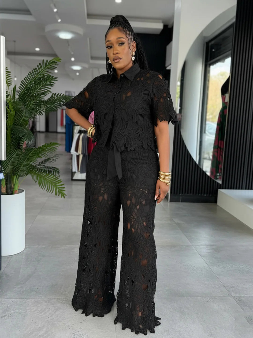 Streetwear Hollow Out Lace Casual Pants Outfits Sexy Women Two Pieces Club Matching Set Top+Trousers
