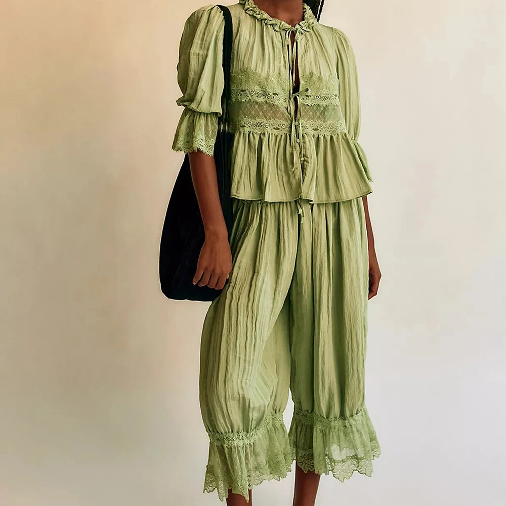 Women Kawaii Lace Trim 2 Piece Clothes Sets y2k Fairy Bow Tie Front Half Sleeve Shirts Ruffles Flared Lantern Pants Loungewear