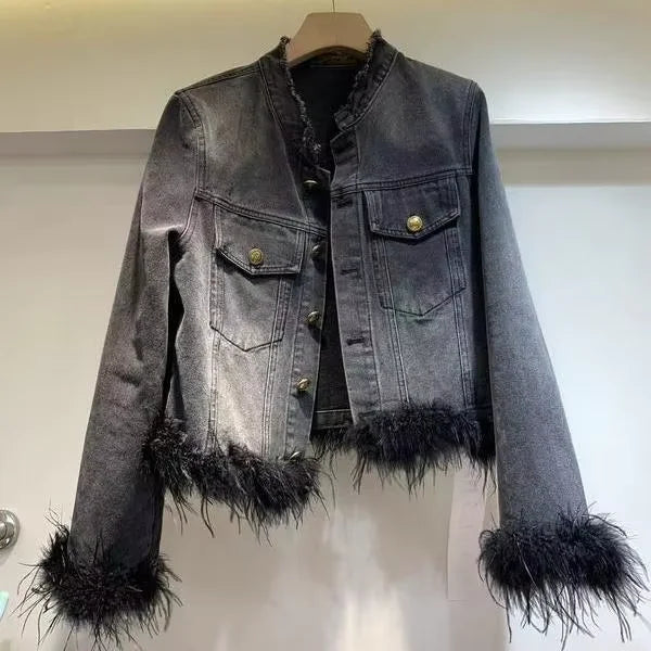 New Classical Metal Ribs Buckle Design Washed Breathable Vintage Short Denim Jacket for Ladies Autumn Winter Summer Nylon/Cotton