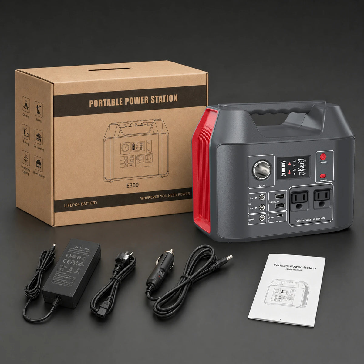 Portable Power Station 300W Solar Generator 256Wh 80000mAh Power Bank 110V AC/DC/USB/USB C LiFePO4 Battery Pack For Camping CPAP