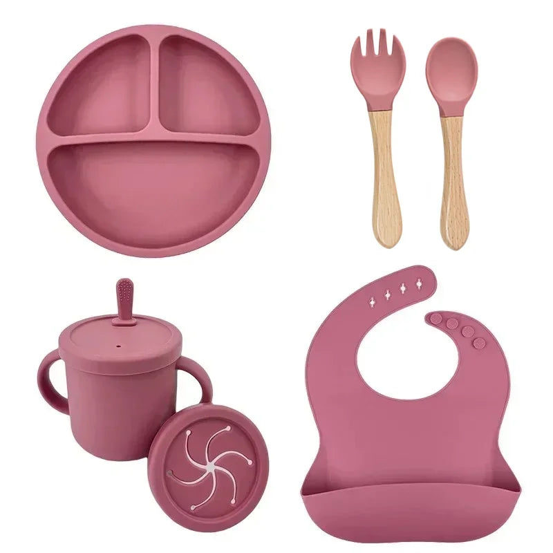 Food Grade Silicone Child Dish Set Baby Feeding Bowl Suction Plate Straw Cup Wooden Spoon Fork for Kids Tableware Toddler Dishes