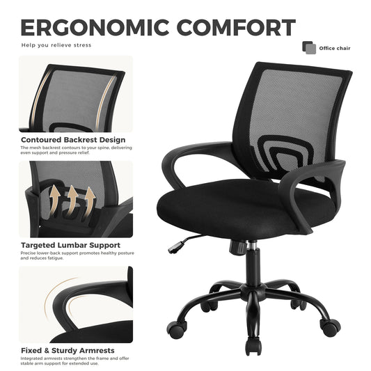 JHK Ergonomic Office Desk Gaming Chair Mid Back with Lumbar Support Rocking Mode Height Adjustable with Fixed Armrest For Office