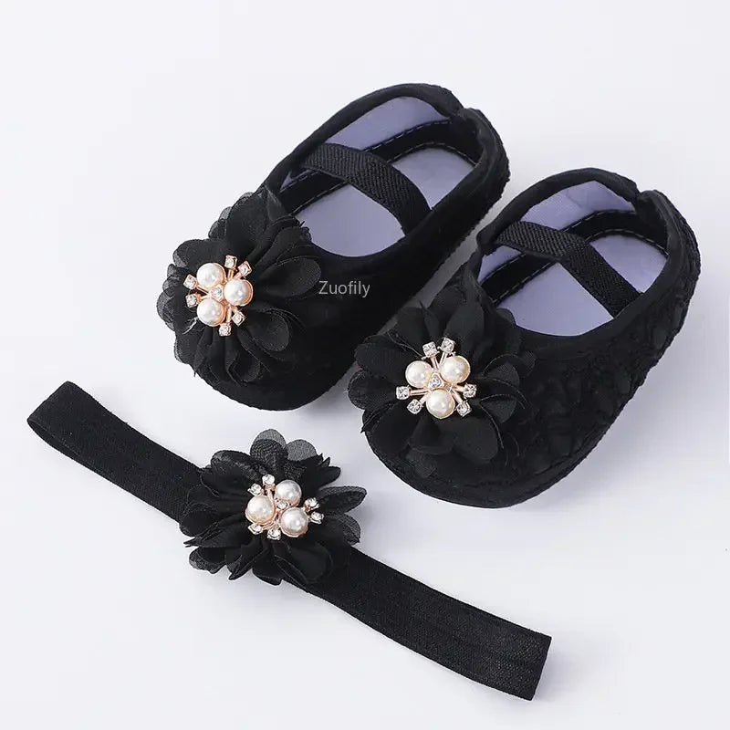 Spring Infant Baby Girl Shoes Newborn Lace Flowers Headband Anti-Slip Soft Sole First Walkers Toddler Kids Cotton Baptism Shoes