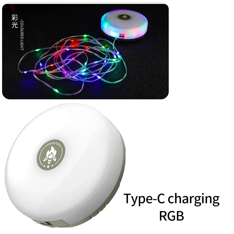 Camping String Lights 2 in1 Outdoor Waterproof Portable Stowable String Light with Lighting Modes USB Camping Lights for Hiking